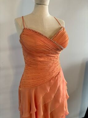 Orange Spaghetti-Strap Evening Dress with Beaded Accents